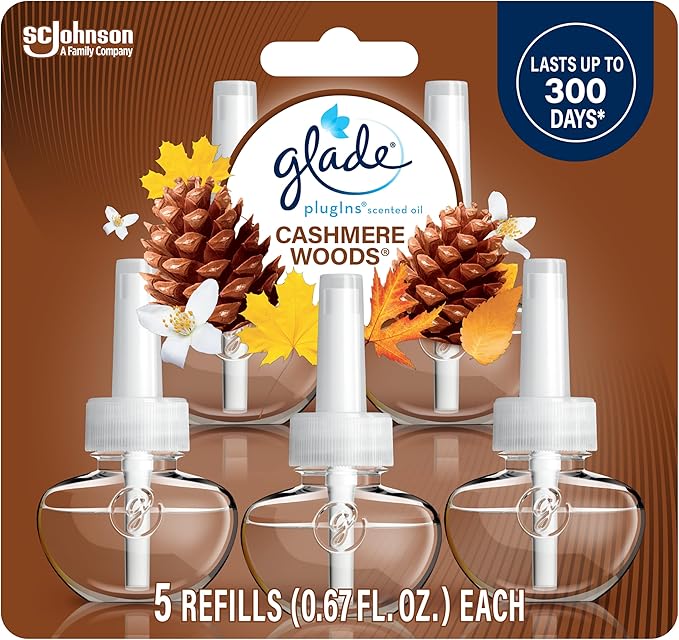 Glade PlugIns Refills Air Freshener, Scented and Essential Oils for Home and Bathroom, Cashmere Woods, 3.35 Fl Oz, 5 Count