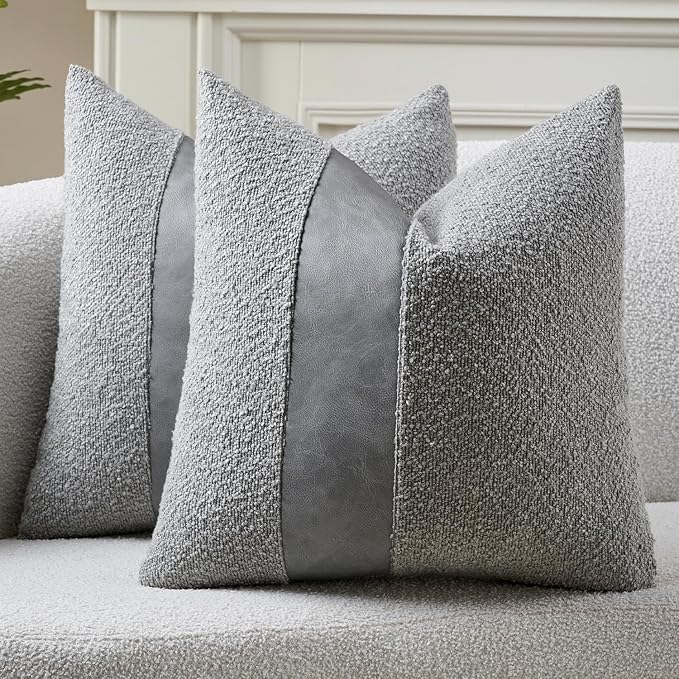 Pack of 2 Faux Leather Boucle Throw Pillow Covers 20"x20" Grey Chic Accents Textured Square Decorative Pillow Cases for Living Room Couch Bed Farmhouse Boho Home Decor