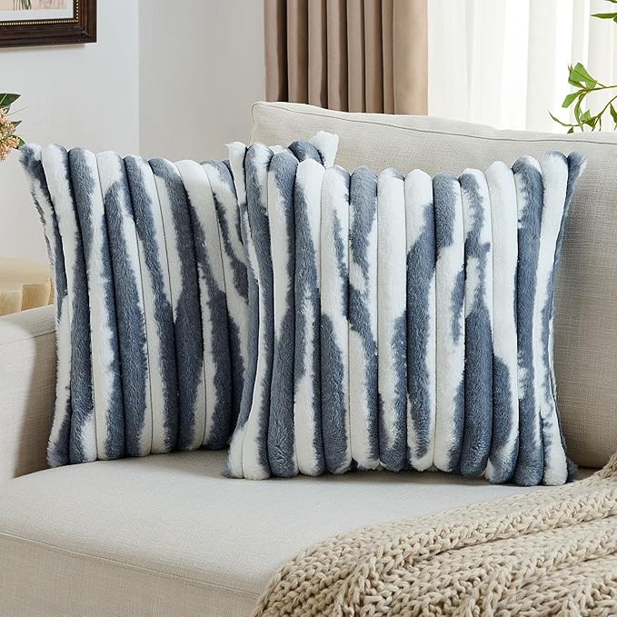 FUTEI Blue Decorative Throw Pillow Covers 24x24 Inch Set of 2, Soft Tie-Dye Faux Rabbit Fur Striped Texture European Cushion Case, Modern Home Decor for Couch Bed Living Room
