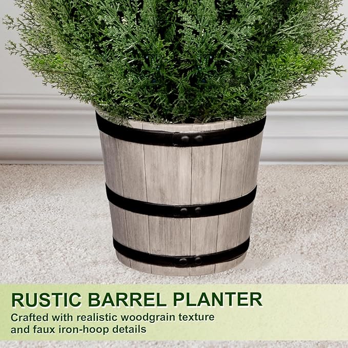 4FT Artificial Cedar Topiary Trees with Rustic Barrel Planter, Outdoor Indoor Realistic Faux Pine Shrubs Plants, Fake Cypress Trees for Home Offices Porch Decor, Set of 2