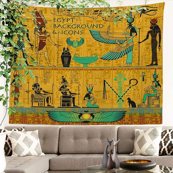 Batmerry Egyptian Tapestry, Egyptian Eye of Horus Or Eye of Ra Picnic Mat Hippie Trippy Tapestry Wall Art Meditation Decor for Bedroom Living Room Dorm, 51.2 x 59.1 Inches, Gold