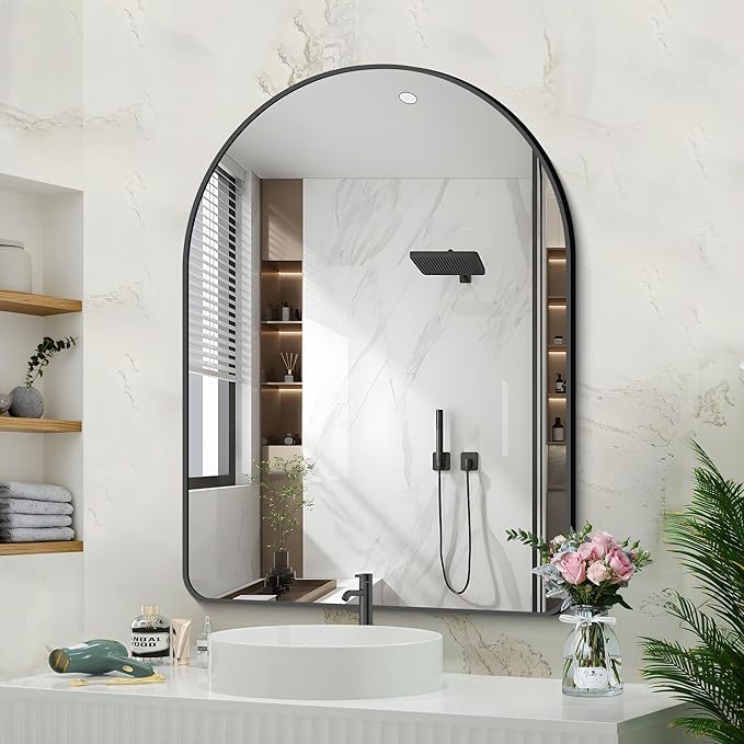 GLASHOM 30"x40" Black Arched Mirror for Bathroom, Wall Mounted Mirror, Aluminum Alloy Brushed Framed Wall Mirror, Anti-Rust, Large Mirror for Over Sink, Bedroom, Entryway (Vertical)