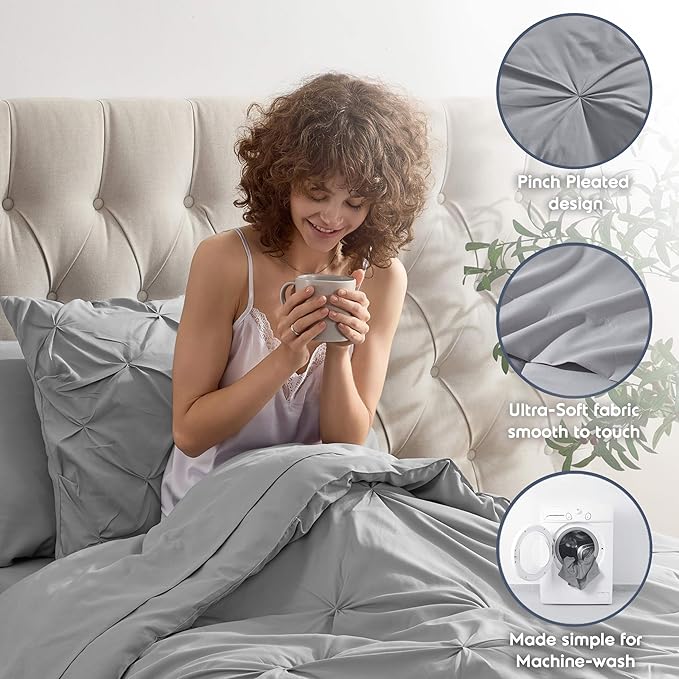 Nestl Twin XL Comforter Set 5 Piece - Pintuck Twin XL Bedding Set Light Grey, College Dorm Room Essentials Bed in a Bag, Twin XL Comforter Set for College Girls & Boys with Sheets, Pillowcase and Sham