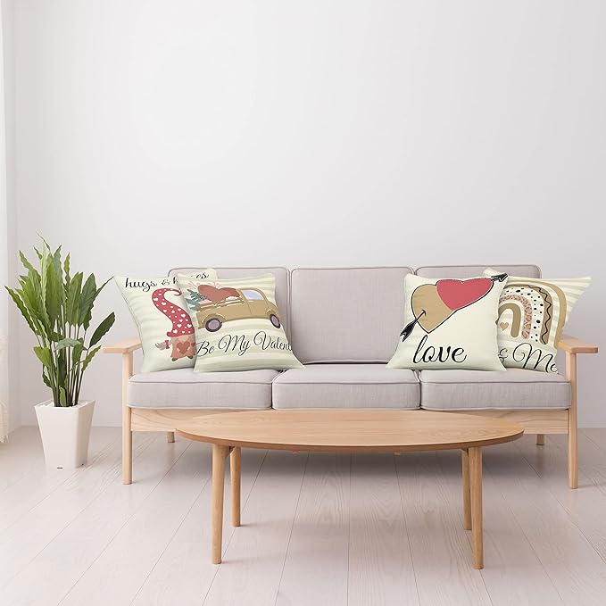 Ambesonne Romantic Throw Pillow Cushion Case Pack of 4, Love Hearts Arrow You and Me Be My Valentine Hugs Kisses Lettering, Modern Accent Double-Sided Digital Printing, 16", Ivory Camel and Dark Pink
