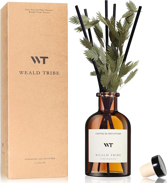 WEALD TRIBE Bamboo Scent Flower Reed Diffuser Set for Bathroom Air Fresheners, Oil Diffuser Sticks | 4.0 fl oz Home Fragrance with Sticks Defusers | House Bedroom Office Shelf Decor