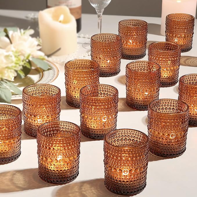 48pcs Amber Votive Candle Holders Votive Candles for Table, 2x2.5in Vintage Glass Small Tea Light Candles Holders for Candle Making Holder, Tealight Candle Holder for Wedding Centerpieces