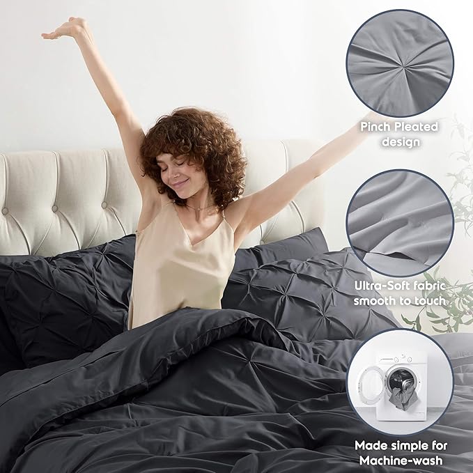Nestl Queen Comforter Set 7 Piece - Pinch Pleated Comforters Queen Size Black, Bed in a Bag Queen All Season, Queen Size Comforter Sets Bedding with Flat Sheet and Fitted Sheet, Pillowcases and Shams