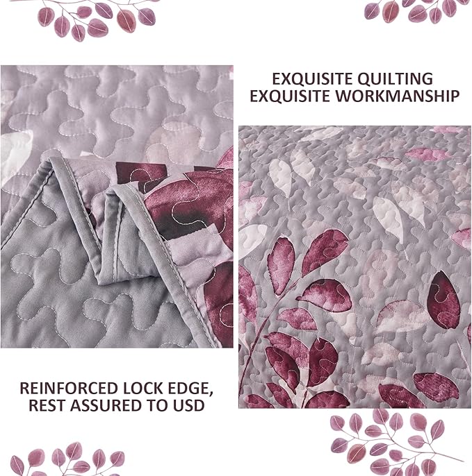 WONGS BEDDING Quilt Set King Size, 3 Pieces Pink Botancal Leaves Bedspread Coverlet Set with 2 Pillowcases for All Season, Soft Microfiber Floral Bedding Set 104"×90"