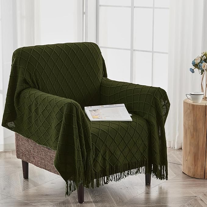 inhand Knitted Throw Blankets for Couch and Bed, Soft Cozy Knit Blanket with Tassel, Dark Green Lightweight Decorative Blankets and Throws, Farmhouse Warm Woven Blanket for Men and Women, 50"x60"