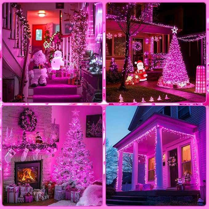 JMEXSUSS 33ft 100 LED Pink Christmas Lights, Pink Battery Operated Lights with 8 Modes Remote, Indoor Outdoor String Light for Bedroom Christmas Party Tree Decorations