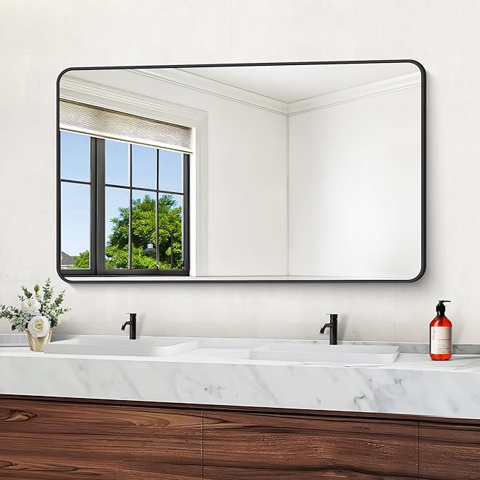 60" x 36"Bathroom Mirror, Matte Black Wall Mirror with Metal Frame, Decorative Rectangular Vanity Mirror for Bedroom Bathroom Living Room Entryway (Horizontal/Vertical)