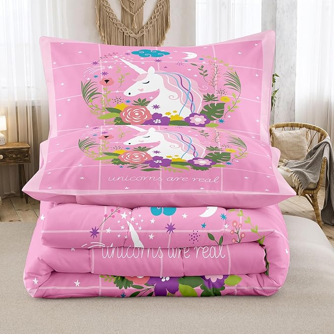 Tailor Shop Girls Unicorn Comforter Set Queen Size Unicorn Pink Bedding Sets for Girls Kids Flower Comforter Set Unicorn Room Decor Ultra Soft Bed Set with 2 Pillowcase…