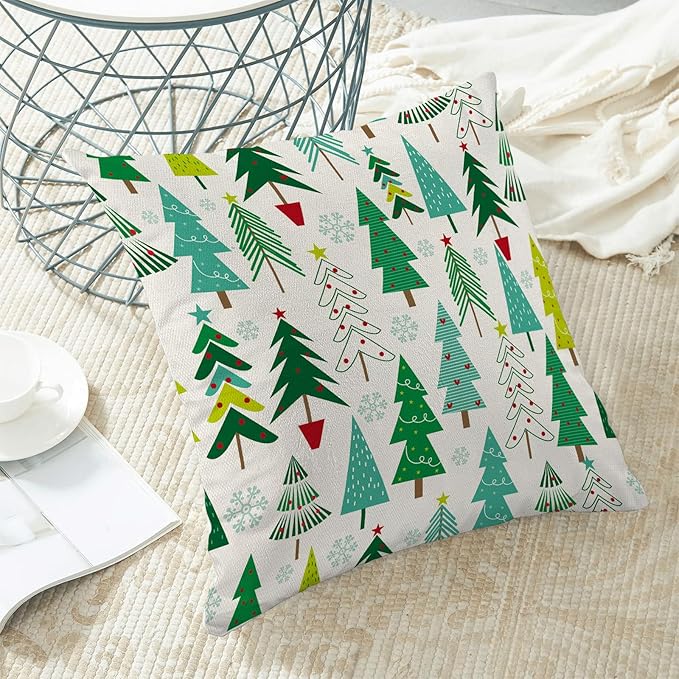 Christmas Pillow Covers 16 x 16 Inch, Colorful Sage Green Teal Christmas Tree Decor Throw Pillows for Home Couch Bed, Winter Xmas Snowflake Decorative Pillowcase Linen Cushion Cover Set of 2
