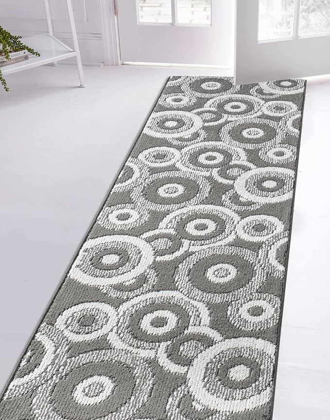 Custom Length Cut to Size Retro Modern Geometric Carpet Runner Rug for Hallways, Non Slip Rubber Backed, 31 inch Wide X Customized Length, Geo Grey, 31 inch X 16 feet