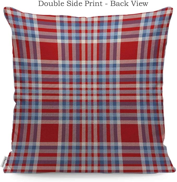 WONDERTIFY Throw Pillow Case Cover Tartan Plaid Pattern Checkered Fabric Texture Moderate Light Blue White and Bright Red Soft Linen Pillow Case for Bedroom/Livingroom/Sofa Cushion Covers 18x18 Inch