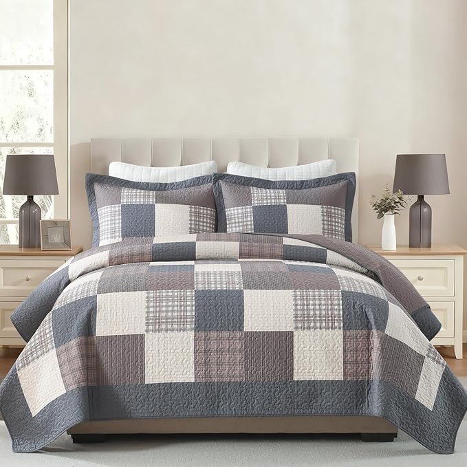 Quilts King Size - Plaid Design Modern Quilt Set with Matching Shams, 3 Pieces 100% Cotton King Quilt Bedding Set, Reversible Bedspread Coverlet for All Season, Gray/Brown/Beige
