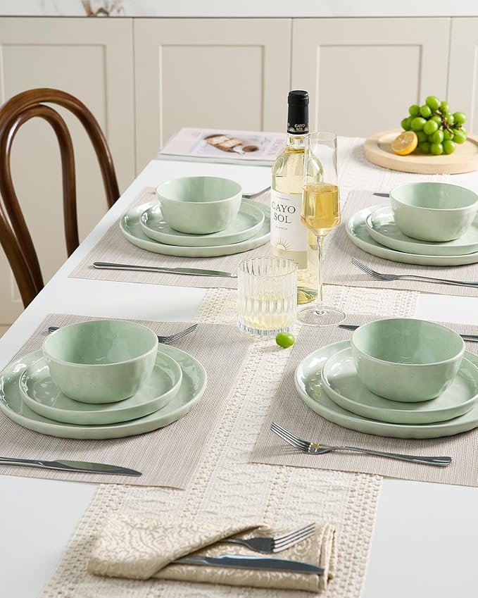Famiware Mars Plates and Bowls Set, 12 Pieces Dinnerware Sets, Dishes Set for 4, Light Green