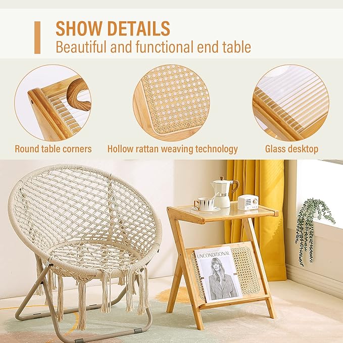 Tiita Rattan Side Table, Mid Century Nightstand, Bamboo Accent Bedside Tables, Glass Coffee Tables, Boho Wooden End Table with Storage for Small Space, Living Room and Bedroom