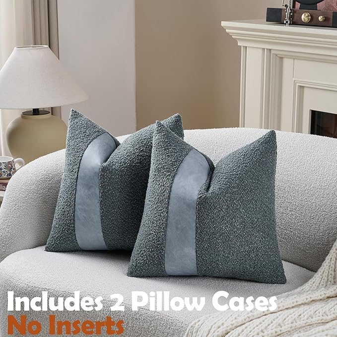 Pack of 2 Faux Leather Boucle Throw Pillow Covers 18"x18" Blue Chic Accents Textured Square Decorative Pillow Cases for Living Room Couch Bed Farmhouse Boho Home Decor