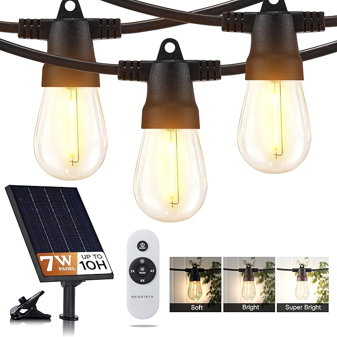 Brightech 104 (52x2) FT Ambience Pro Solar Powered Outdoor LED String Lights - Waterproof Remote Control Lights - 32 Bulbs, 7W Solar Powered Soft White Light for Camping, Patio, Garden