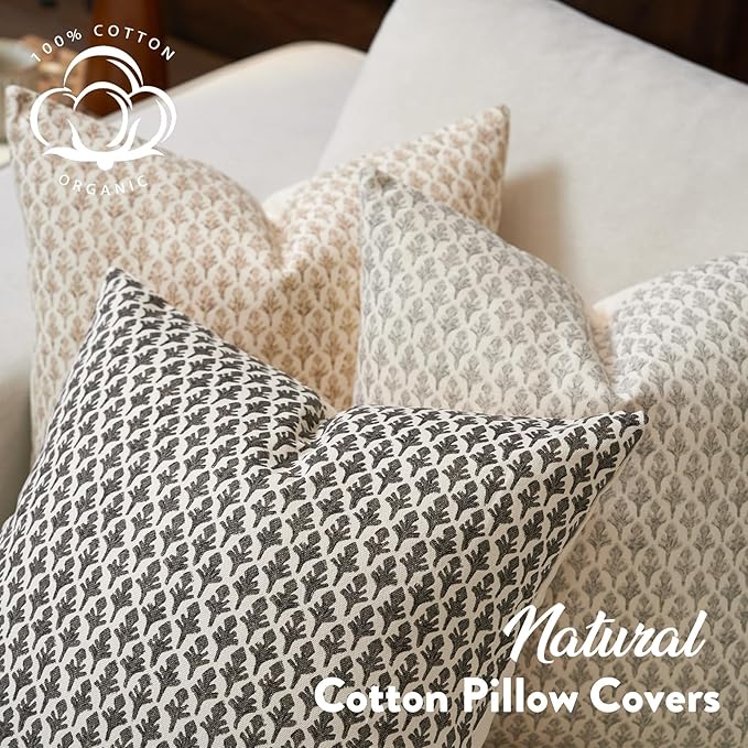 Floral Pillow Covers 24x24 Pillow Cover Block Print Couch Pillows for Living Room Decorative Neutral Accent Throw Pillow Covers, 1PC, Light Taupe