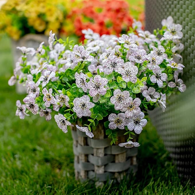 Artificial Flowers for Outdoors Fake Plants - 16 Bundles Faux Outside Greenery Boxwood UV Resistant No Fade Plastic Shrubs Fall Decor Farmhouse Home Garden Mums (White)