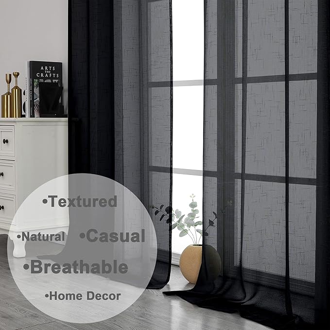Aiyufeng Kirei Black Sheer Curtains 96 Inches Long 2 Panels, Faux Linen Slub Textured Light Filtering Soft Airy Rod Pocket Curtain Drapes for Farmhouse Living Room Bedroom, Each 40Wx96L Inch