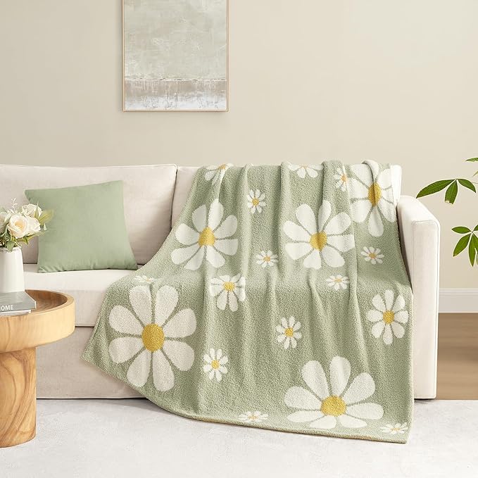Snuggle Sac Sunflower Throw Blanket for Couch, Fuzzy Microfiber Floral Blankets, Cute Throws for Girls Daughter Gifts for Kid, Flower Sage Green, 50x60 inches