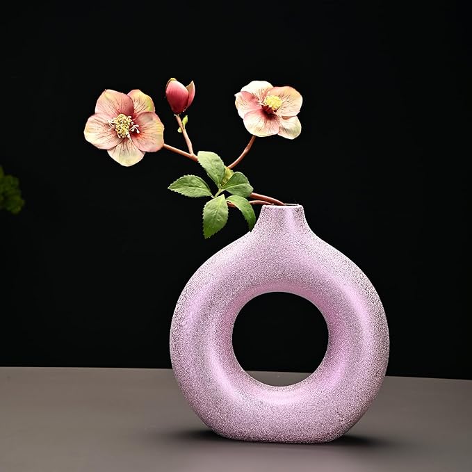 Set of 2 Donut Hollow Ceramic Vase Handmade Minimalist Boho ins Style, Modern Vase for Home Decor for Wedding Dinner Table Party Living Room Office Bedroom (Purple-Gold, Extra Large + Large)