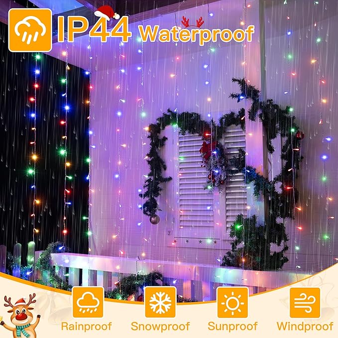 Ollny Curtain Lights 200LED 6.6x6.6ft, USB Multicolor Christmas Curtain Lights with Remote 8 Modes Timer, Waterproof String Lights for Bedroom Backdrop Window Indoor Outdoor