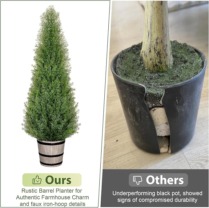 4FT Artificial Cedar Topiary Trees with Rustic Barrel Planter, Outdoor Indoor Realistic Faux Pine Shrubs Plants, Fake Cypress Trees for Home Offices Porch Decor, Set of 2
