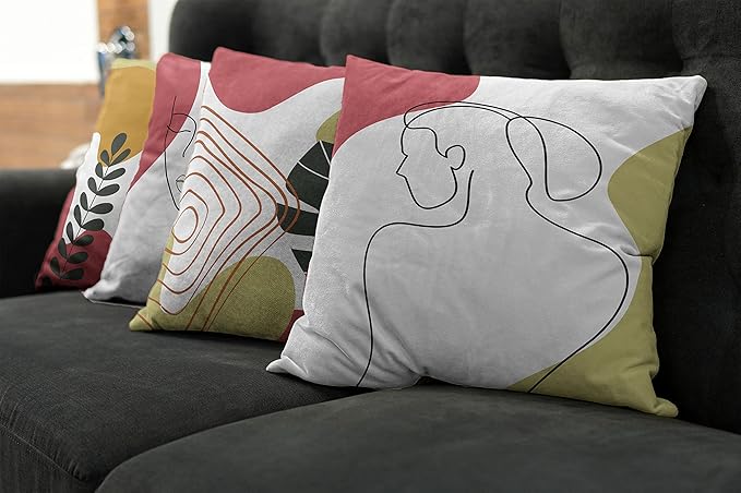 Ambesonne Minimal Throw Pillow Cushion Case Pack of 4, Modern Line Art Woman Portrait Contemporary Leafy Geometric Details, Modern Accent Double-Sided Digital Printing, 20", Olive Green and Dark Coral
