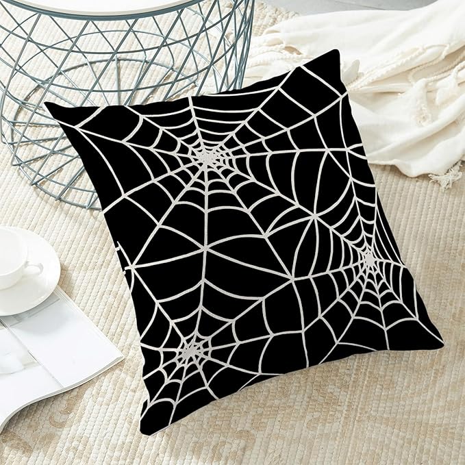 Halloween Pillow Covers 18 x 18 Inch, Black Cream Spider Webs Decor Throw Pillows for Home Couch Bed, Fall Autumn Outdoor Holiday Decorative Pillowcase Linen Cushion Cover Set of 2