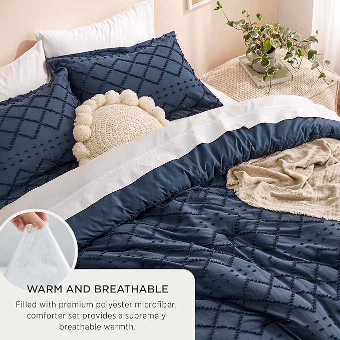 Bedsure Twin XL Comforter Set - Navy Blue Comforter, Boho Tufted Shabby Chic Bedding for Kids, 2 Pieces Vintage Farmhouse Bed Set for All Seasons, Fluffy Soft Bedding with 1 Pillow Sham