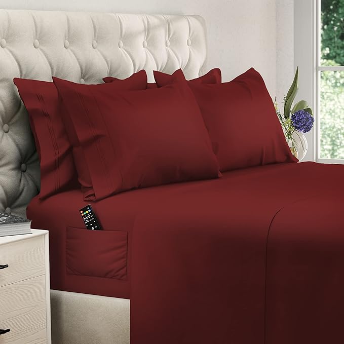 DREAMCARE King Size Sheets Set – 6 pcs Cooling Bed Sheets – up to 21” Deep Pocket King Sheet Set – 2500 Supreme Collection – Extra Soft 100% Brushed Microfiber Hotel Luxury with Side Pocket – Burgundy