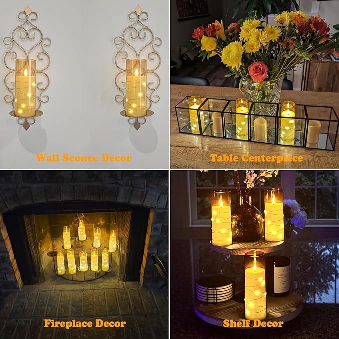 Lezonic 6Pcs Flameless LED Candles with Remote Timer, Acrylic Battery Operated Candles Flickering with Embedded String Lights, for Wedding Centerpiece, 3 x 456688 inches(Gold)