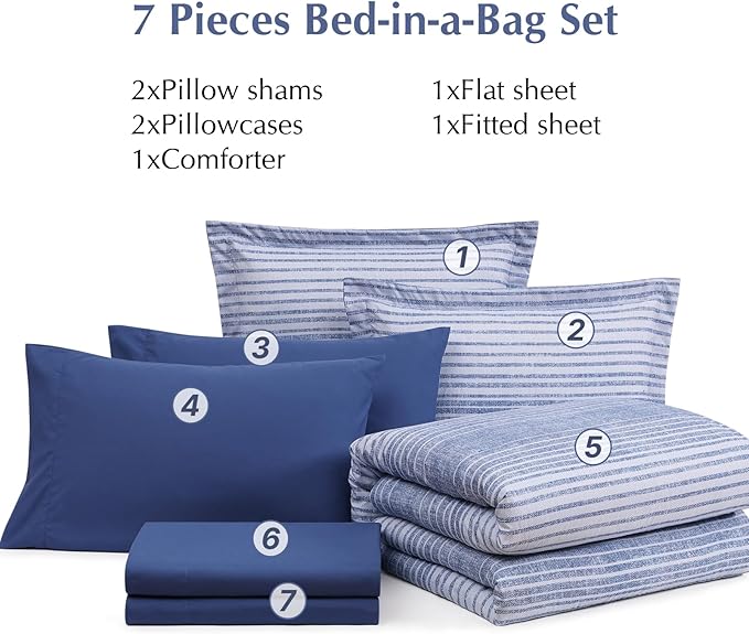 Queen Comforter Set Striped, Ocean Blue Coastal Bedding Set 7 Pieces for Boys Girls Teen, All Season Bed in a Bag with Sheets, Pillowcases & Shams