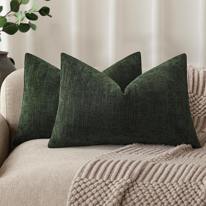 Foindtower Pack of 2 Textured Chenille Throw Decorative Pillow Covers Square Accent Solid Cushion Cover Neutral Farmhouse Lumbar Pillow Case for Couch Sofa Bedroom Living Room 12x20 Inch,Dark Green