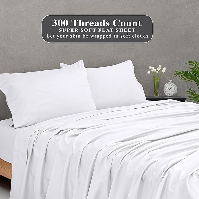 Royale Linens 300 Thread Count 100% Long Staple Combed Cotton Flat Sheet - Super Soft - Top Sheets - Full Flat Sheet Sold Separately - Breathable, Cool & Crisp Percale Sheets Only (Full, White)