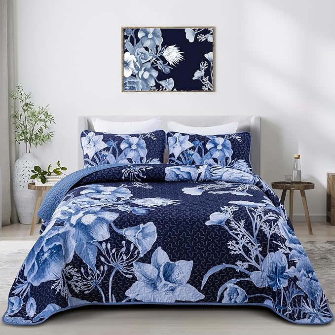 Floral Quilt Set Queen 3 Pieces Navy Blue Floral Quilt Coverlet Set Soft Microfiber Lightweight Navy Blue Quilted Bedspread for All Season 90"x96"