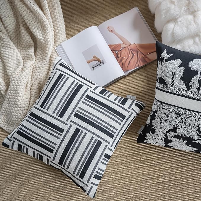 Premium Throw Pillow Covers 20x20 Inches - Black White Geometric Patchwork Chenille Jacquard Embroidery Decorative Couch Pillow Covers for Living Room Bedroom Sofa