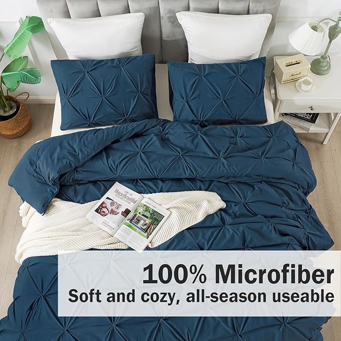 Andency Navy Blue Pinch Pleat Comforter Full(79x90Inch), 3 Pieces(1 Pintuck Comforter and 2 Pillowcases) Down Alternative Microfiber Bedding Set