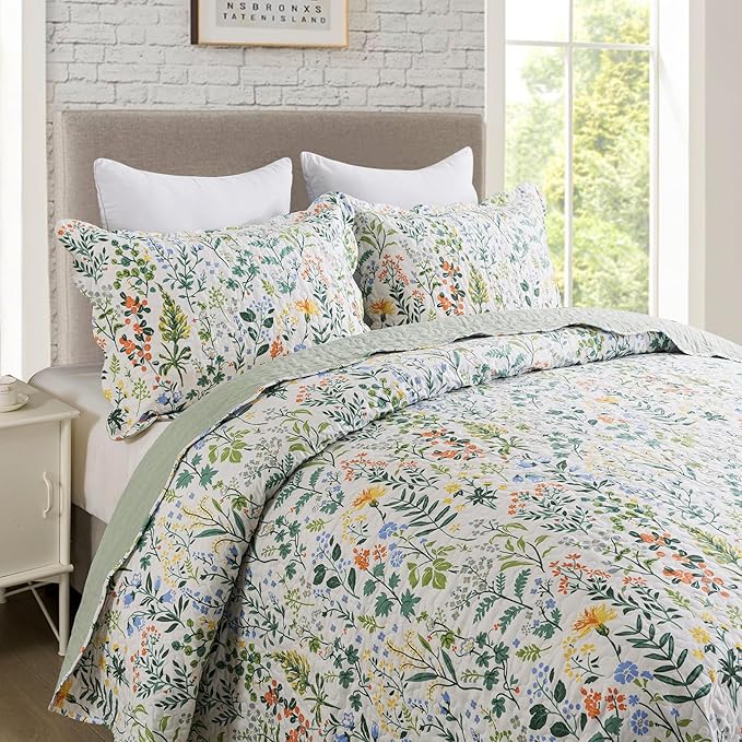Travan 3-Piece Quilt Set Quilted Bedspread Lightweight Coverlet Set Garden Style Floral Printed Oversized Quilted Bedding Set with Shams for All Season, Exquisite, Queen Size