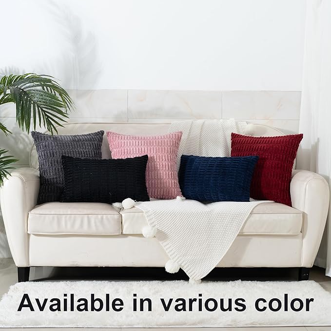 Corduroy Decorative Throw Pillow Covers 12x20 Inch Set of 2, Soft Striped Boho Couch Pillow Covers Modern Farmhouse Home Decor for Sofa Living Room Bed Neutral Black
