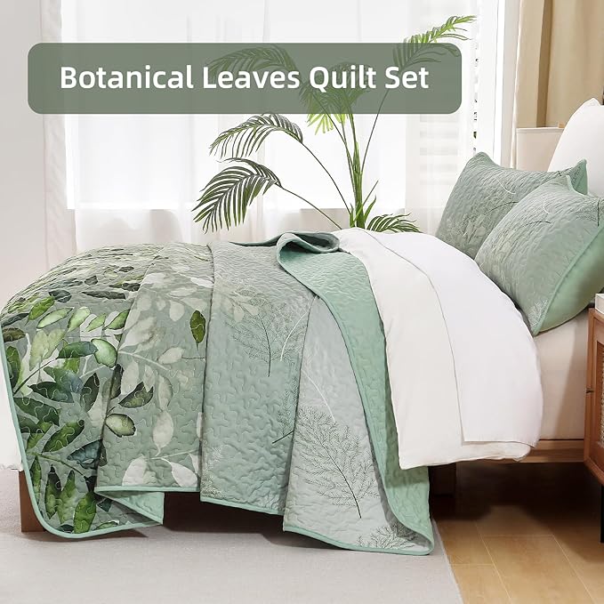 WONGS BEDDING Green Quilt Set Queen Size,3 Pieces Green Floral Bedspread Coverlet Set, Soft Microfiber Lightweight Floral Bedding Set Queen 96"×90"