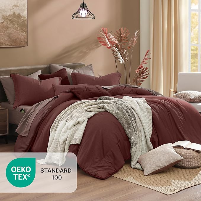 Monbix Full Size Comforter Set, Dark Red Bedding Comforter for Full Size Bed Set Reversible, Bedding Sets Full 7 Pieces, Cationic Dyeing Bed in a Bag with Comforter, Sheets, Pillowcases & Shams