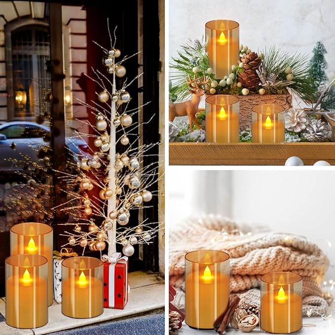 Flameless Candles 4" 5" 6" Acrylic Glass Pillars 3" Diameter Battery Operated Flickering Candles Include Remote with 24Hour Timer Function 400+ Hours by 2 AA Batteries (Gray, Warm Light 12 Pack)