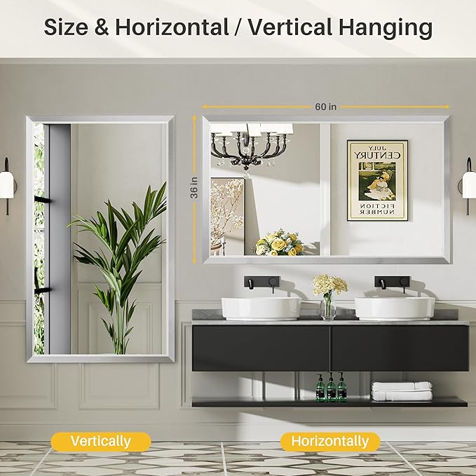 60x36 Inch Brushed Nickel Bathroom Mirror for Wall, Thick Metal Framed Rectangle Mirrors for Over Sink, Bedroom, Living Room, Entryway, Anti-Rust, HD Tempered Glass