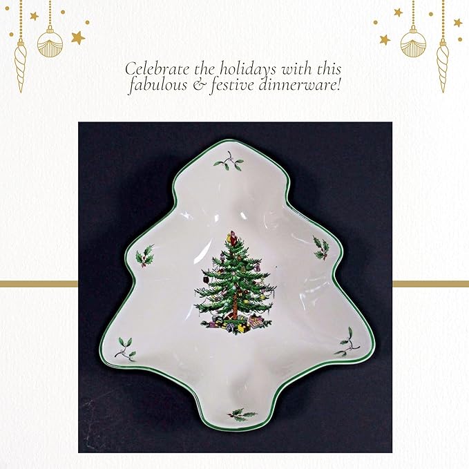 Spode Christmas Tree Holiday Platter - 14-Inch Tree-Shaped Serving Plate, Fine Porcelain Holiday Tableware - Festive Party Server, Seasonal Decor - Christmas Dinnerware