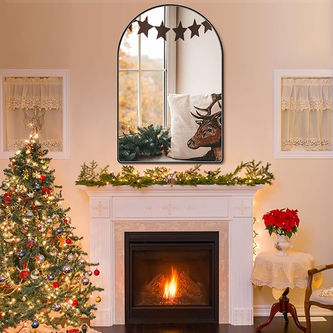26x38 inch Black Tempered Glass Large Arched Mirror for Bathroom Vanity Mirror or Wall Decor Arch Mirror Brushed Metal Frame Wall Mounted Mirror for Bathroom LivingRoom Bedroom Entryway